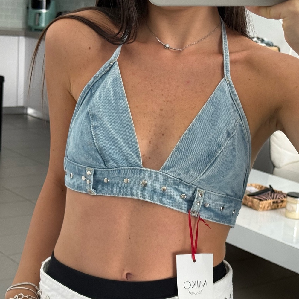 Denim top with silver studs  #festivalvibes handcrafted mini top by Estilo MIKO.